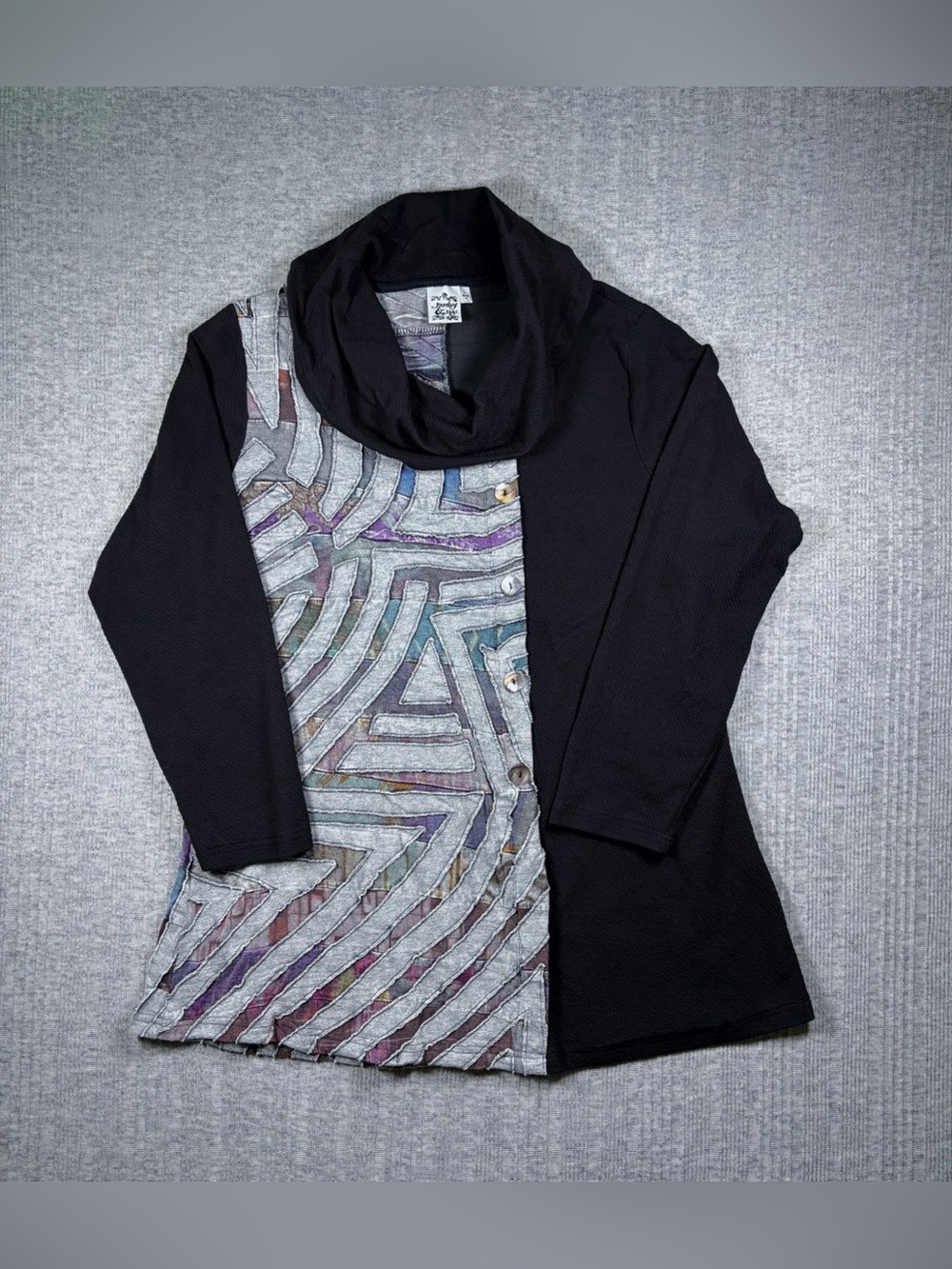 Parsley & Sage Tunic Women’s Large Cowl Neck Long Sleeve Black Gray Boho Artsy